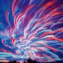 patriotic dreamscape with american flag elements morphing into fireworks red white and blue light trails forming iconic symbols against a twilight sky