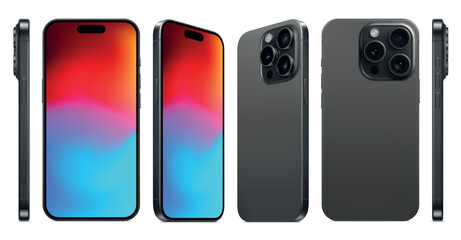 Poster - new frameless smartphone grey color with colorful screen saver, front back and side view, isolated on white background. mockup of realistic mobile phone with shadow. vector 3d isometric illustration