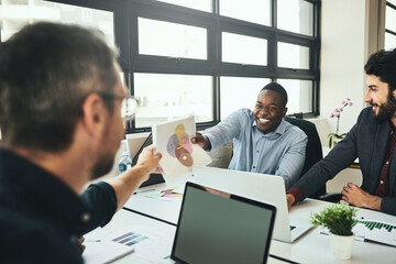 Poster - Office, smile and colleagues with documents, laptop and review of color theory in project and graph. Screen, web designer and diversity of teamwork, creative and people in workplace or working online