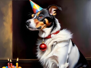 Sticker - Festive dog wearing a party hat and a red ornament collar next to a birthday cake with lit candles.