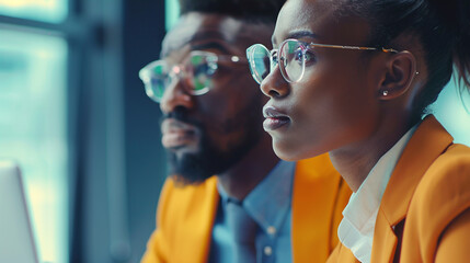 Close-up portrait of two people working together in an office with desktop software pointing at a monitor.