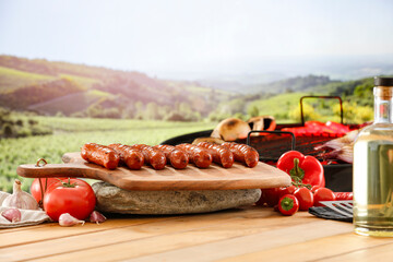 Poster - Wooden garden table and grilled sausages and vegetables in  summer time concept and copy space for food and products.