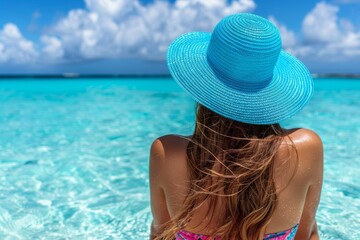 Sticker - Woman in a blue hat enjoying the crystal clear water of a tropical beach capturing the essence of summer relaxation