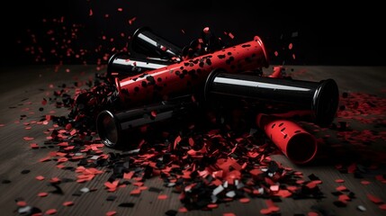 Sticker - a pile of red and black confetti on a table.