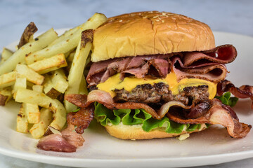 Wall Mural - roast beef  bacon cheese burger with frie