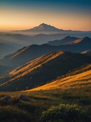 Wall Mural - Scenic sunrise backdrop with mountain silhouettes