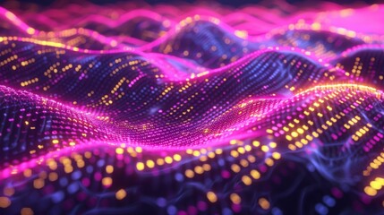 Poster - A digital landscape composed of flowing purple and yellow lights that create a sense of depth and movement.
