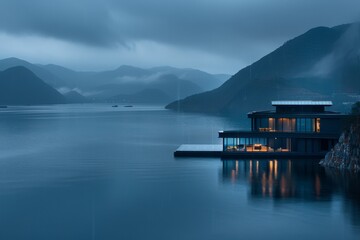 Sticker - Foggy morning over a calm lake with mountains in the background capturing tranquility and stillness