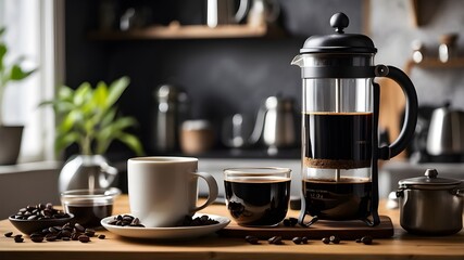 _Black_tea_or_espresso_coffee_in_a_French_press_set_aga