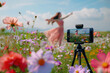 © Alexandra - Smartphone on a tripod is recording a young woman dancing in a field of cosmos flowers