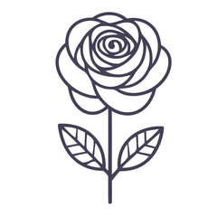 Wall Mural - A simple line drawing of a rose with multiple layers of petals, featuring a spiral center, and two leaves attached to a slender stem. The design is minimalistic and monochromatic