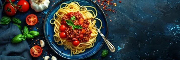 Canvas Print - A blue plate of spaghetti bolognese topped with fresh basil and surrounded by fresh tomatoes, garlic, and basil leaves