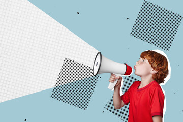 Wall Mural - Art collage. A child with a megaphone. Promotion, action, ad, job questions, discussion with isolated PNG area. Back to school concept, communication, information, news, team media relations.