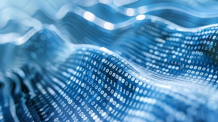Poster - Binary code forms abstract waves in shades of blue.
