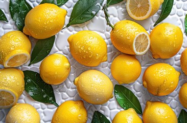 Wall Mural - Freshly washed lemons with water droplets on green leaves in a vibrant arrangement