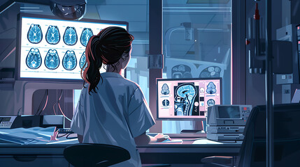 Wall Mural - Female doctor Radiologist analyzing medical images in an operation theatre