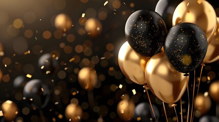 Background of balloons in gold and black for a celebratory party. Make a copy of the text space. Event banner