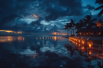 Sticker - Sunset view of a tropical pool with palm trees and lanterns capturing a magical evening atmosphere