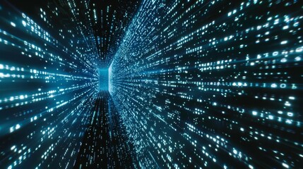 Poster - A tunnel of light composed of glowing particles moves toward a bright, distant light source.