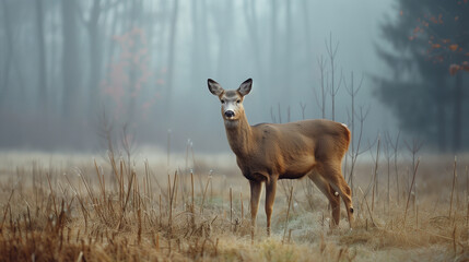 Graceful deer in a misty forest clearing