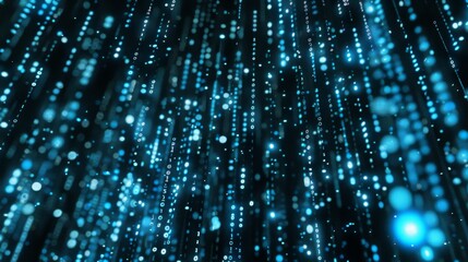 Fototapete - Abstract blue binary code rain falling down a black background.