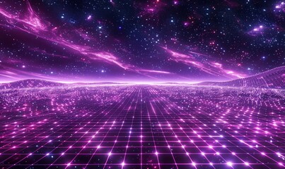 Synthwave wireframe net illustration. Abstract digital background. 80s, 90s Retro futurism, Retro wave cyber grid. Deep space surfaces. Neon lights glowing. Starry background.  3D, Generative AI