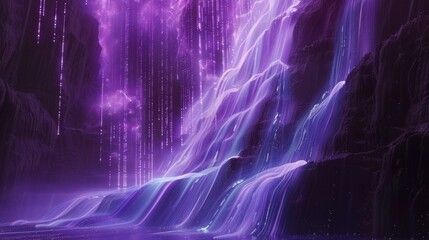 Aufkleber - A magical, glowing waterfall cascades through a dark cave. The water glows with a vibrant purple hue, creating a surreal and ethereal atmosphere.