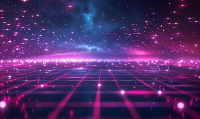Universe Retro Futuristic 80's Background 4K. Synthwave wireframe net grid. Abstract digital background. 80s, 90s Retro futurism, Retro wave cyber grid. Deep space surfaces. Neon glow, Generative AI