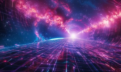 Universe Retro Futuristic 80's Background 4K. Synthwave wireframe net grid. Abstract digital background. 80s, 90s Retro futurism, Retro wave cyber grid. Deep space surfaces. Neon glow, Generative AI