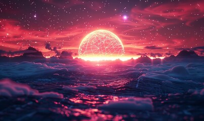 Universe Retro Futuristic 80's Background 4K. Synthwave wireframe net grid. Abstract digital background. 80s, 90s Retro futurism, Retro wave cyber grid. Deep space surfaces. Neon glow, Generative AI