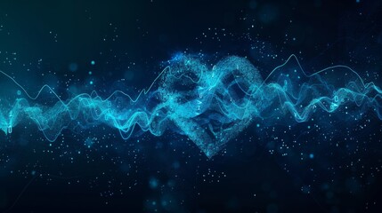 Leinwandbilder - A blue digital heart formed from glowing particles floats in a stream of blue waves, surrounded by small, glowing particles against a dark background.