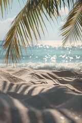 Poster - Serene beach scene with palm leaves framing the view of the ocean, capturing a tranquil and picturesque tropical paradise.