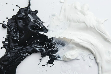 Wall Mural - Black and white paint splashes colliding, creating a striking abstract pattern and representing duality.