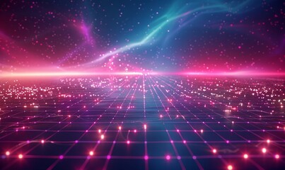 Synthwave wireframe net illustration. Abstract digital background. 80s, 90s Retro futurism, Retro wave cyber grid. Deep space surfaces. Neon lights glowing. Starry background.  3D, Generative AI