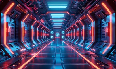 Poster - Science fiction background, interior room sci-fi spaceship corridors blue, 3D render.Trendy cyberpunk VJ loop, bright neon pattern of fantastic spaceship structure in outer space. Generative AI