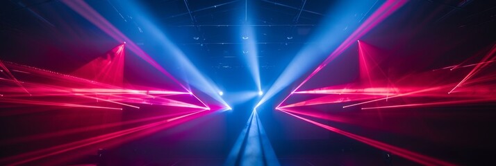 Poster - Blue and red laser beams intersect in a dark venue, creating a dynamic and colorful visual effect