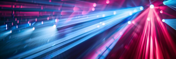 Poster - A dramatic light show with blue and red laser beams intersecting and creating a dynamic visual effect