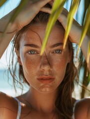 Portrait of a beautiful young woman with freckles on her face