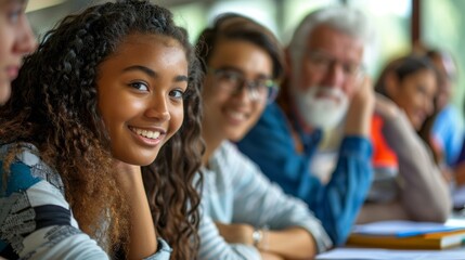 Wall Mural - Diverse Group of Multiethnic Young and Senior Adults Finding a Solution to a Team Assignment, Undergoing Workforce Training Program for Improving Skills of Employees and Prospective Job, Generative AI