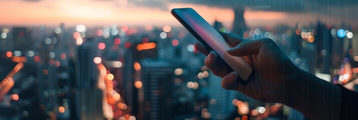 Poster - A hand holds a smartphone with a blurred cityscape in the background. The city lights are illuminated at dusk