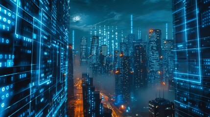 Leinwandbilder - A futuristic city skyline at night, with glowing blue digital code overlaying the buildings and streets.