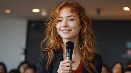  Redhead ginger caucasian businesswoman delivering a powerful keynote address at a conference standing on stage with confidence addressing a diverse audience with her insights in the business world 