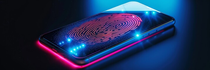 Poster - A smartphone lies on a dark surface, illuminated by blue and pink neon lights. The screen displays a fingerprint scanner animation, creating a futuristic and modern aesthetic