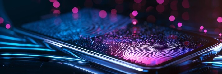 Poster - A close-up view of a smartphone displaying an animation of a fingerprint scanner, illuminated by neon blue and pink lights