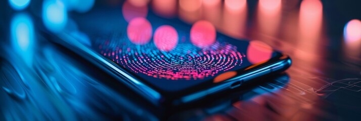 Poster - A smartphone lies on a surface illuminated by blue and pink lights, showcasing an animated fingerprint scanner on the screen
