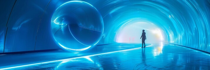 Poster - A single figure walks through a futuristic blue tunnel illuminated by ethereal light emanating from a large reflective sphere