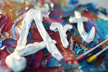 using white gouache, painted on a colorful palette with a paintbrush nearby, the word art is compose