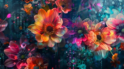 Leinwandbilder - A close-up shot of vibrant flowers with a digital overlay of binary code. The flowers are in focus, while the background is blurred and filled with a mix of colors and patterns.