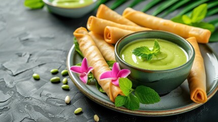 Close-up of Thai dough sticks with green custard sauce and soy milk, traditional dessert