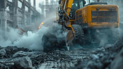 A closeup view of heavy machinery exhaust on a construction site, highlighting exhaust pollution and industrial environmental impact.